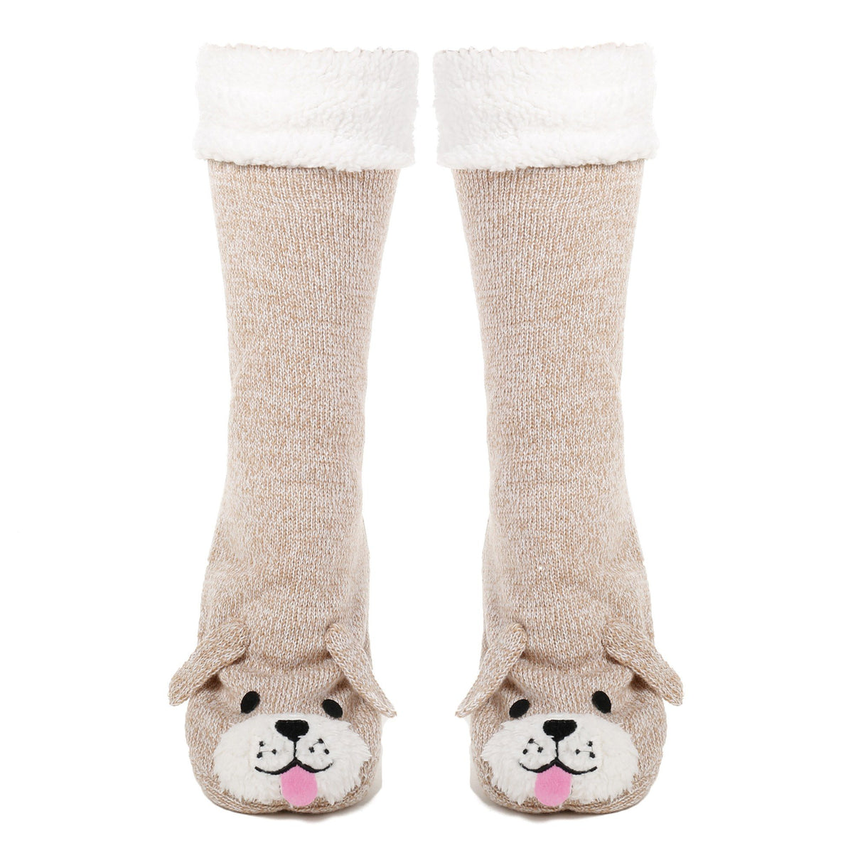 Women's Cute Knit Dog Slipper Socks - Ivory/Beige