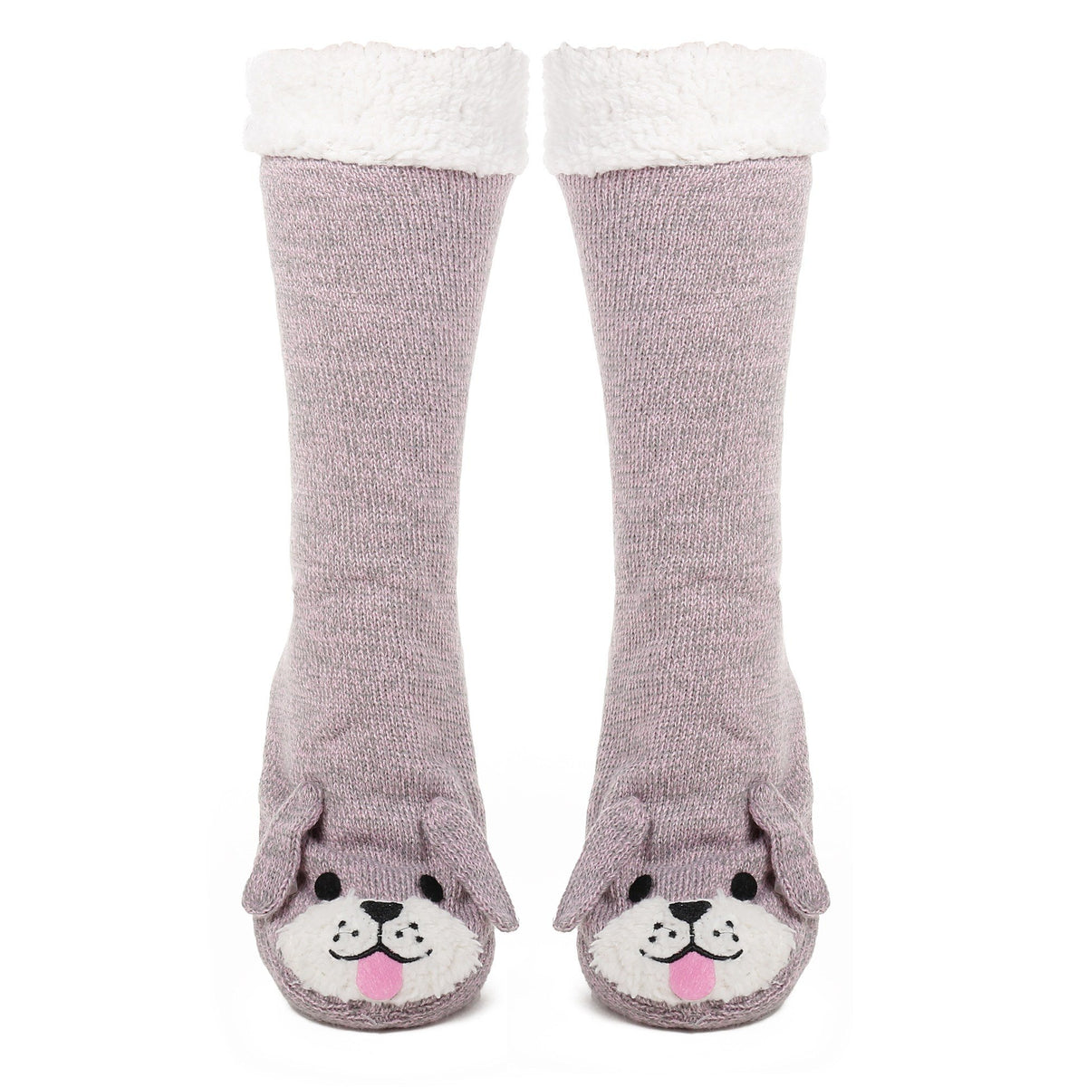 Women's Cute Knit Dog Slipper Socks - Pink/Grey