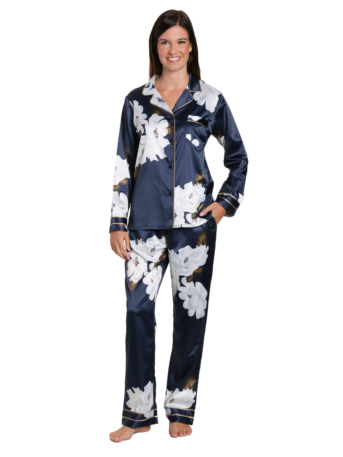 Women's Printed Classic Satin Pajama Set - Floral Bloom - Dark Blue