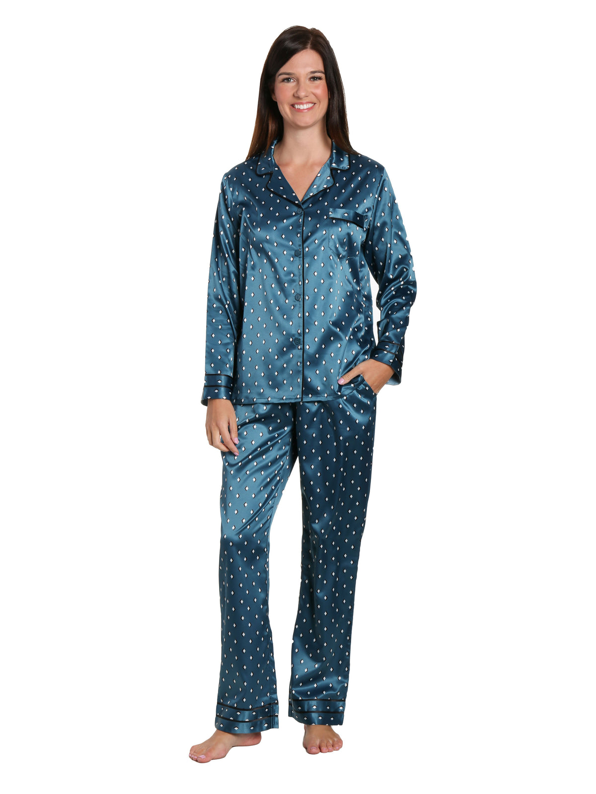 Women's Printed Classic Satin Pajama Set - Geo Diamonds Teal