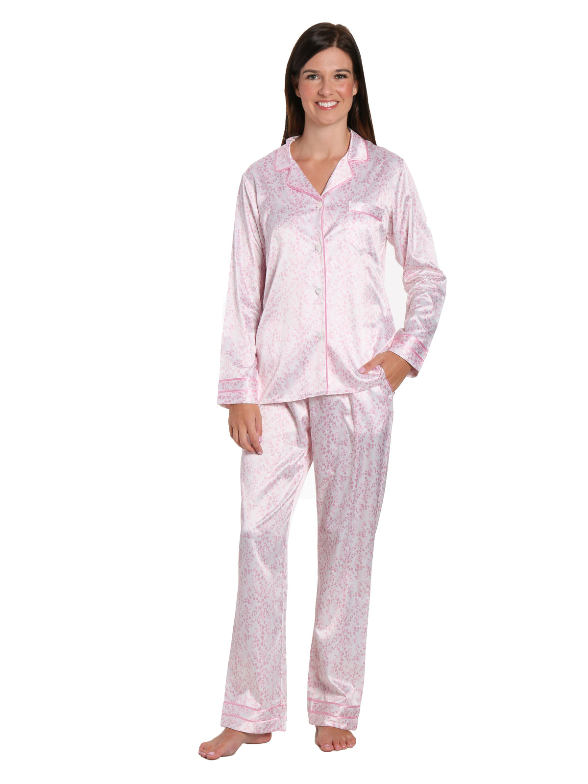 Women's Printed Classic Satin Pajama Set - Soft Leaves - Pink