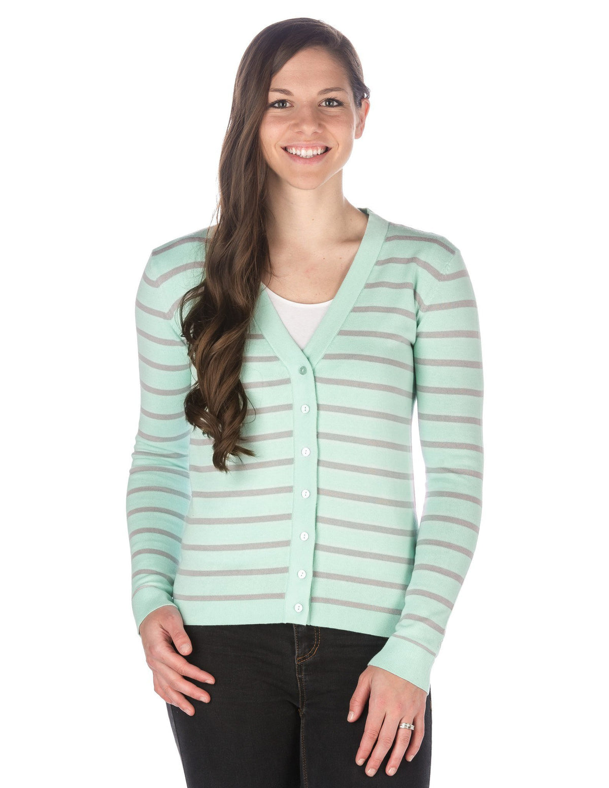Women's 100% Cotton Cardigan Sweater - Stripes Aqua - Gray