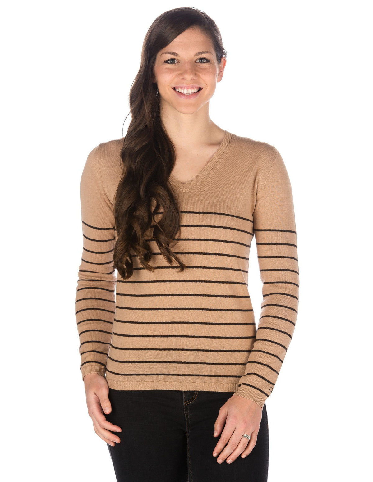 Women's 100% Cotton V-Neck Essential Sweater - Stripes Beige-Coffee