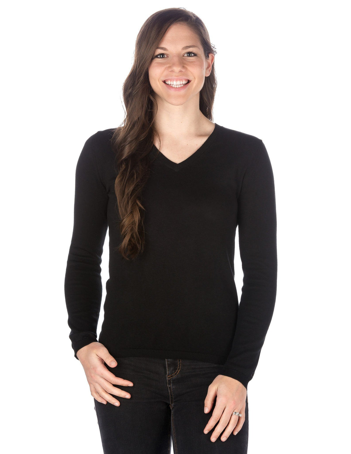 Women's 100% Cotton V-Neck Essential Sweater - Black