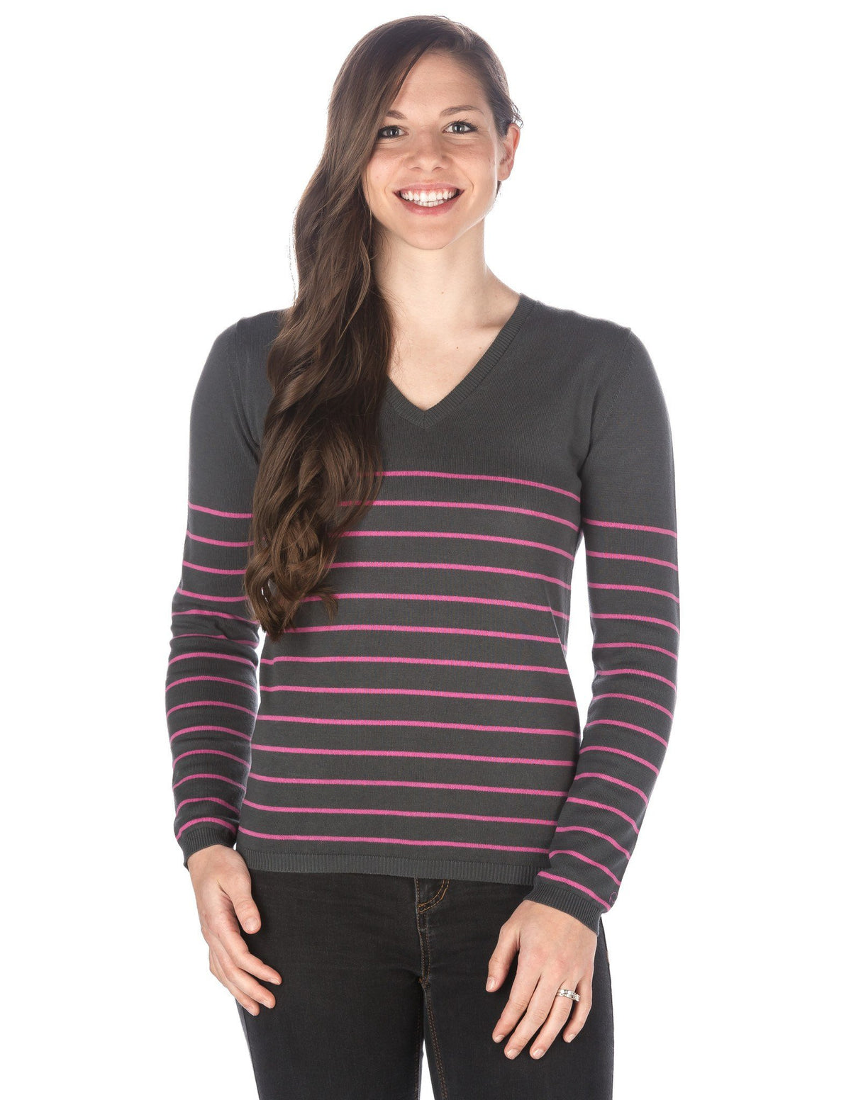 Women's 100% Cotton V-Neck Essential Sweater - Stripes Gray-Pink