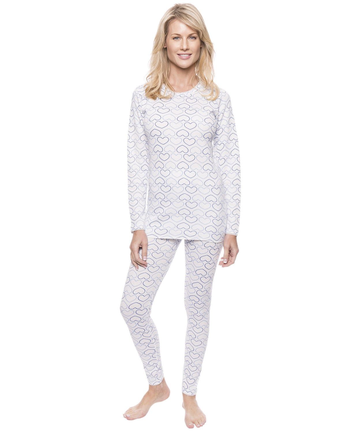 Womens Printed Extreme Cold Waffle Knit Thermal Top and Bottom Set - Tile of Hearts White/Blue