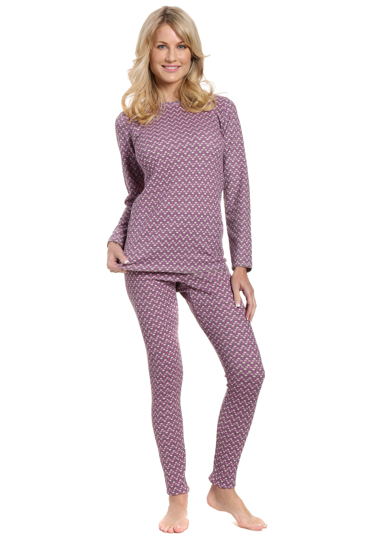 Womens Printed Extreme Cold Waffle Knit Thermal Top and Bottom Set - Hearts Multi Charcoal/Pink