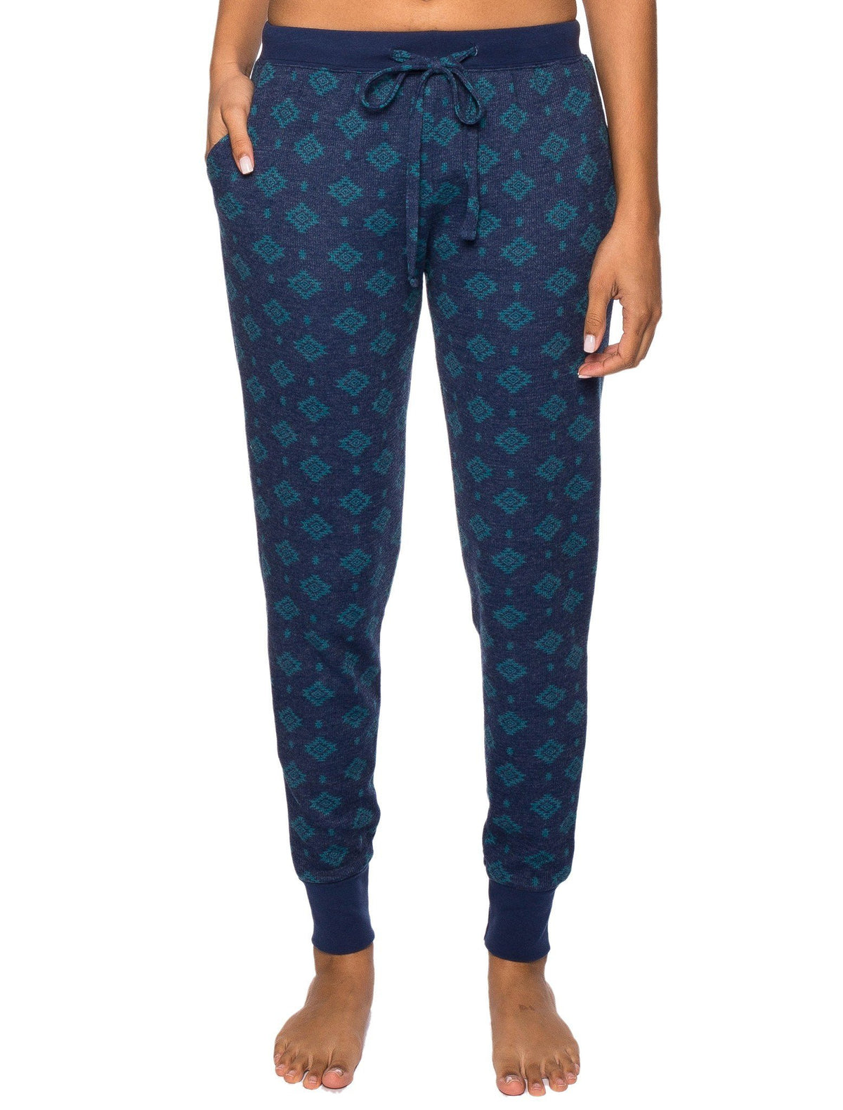 Women's Waffle Knit Thermal Jogger Lounge Pants - Aztec Navy/Teal