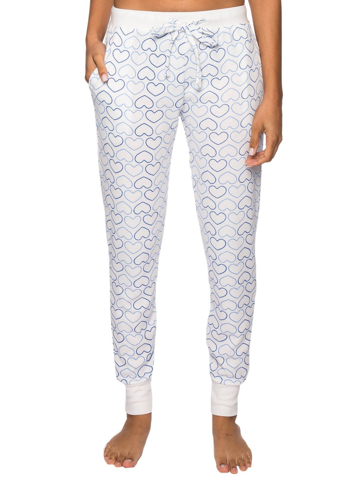 Women's Waffle Knit Thermal Jogger Lounge Pants - Tile of Hearts White/Blue