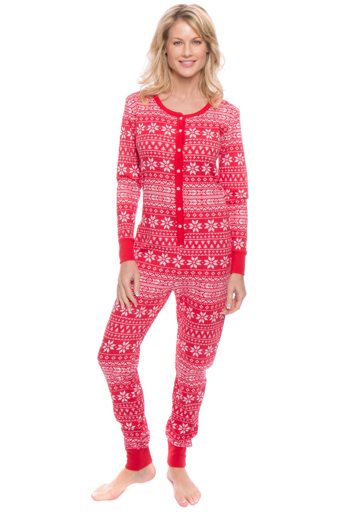 Women's Waffle Knit Thermal Onesie Pajama - Fair Isle Red/White