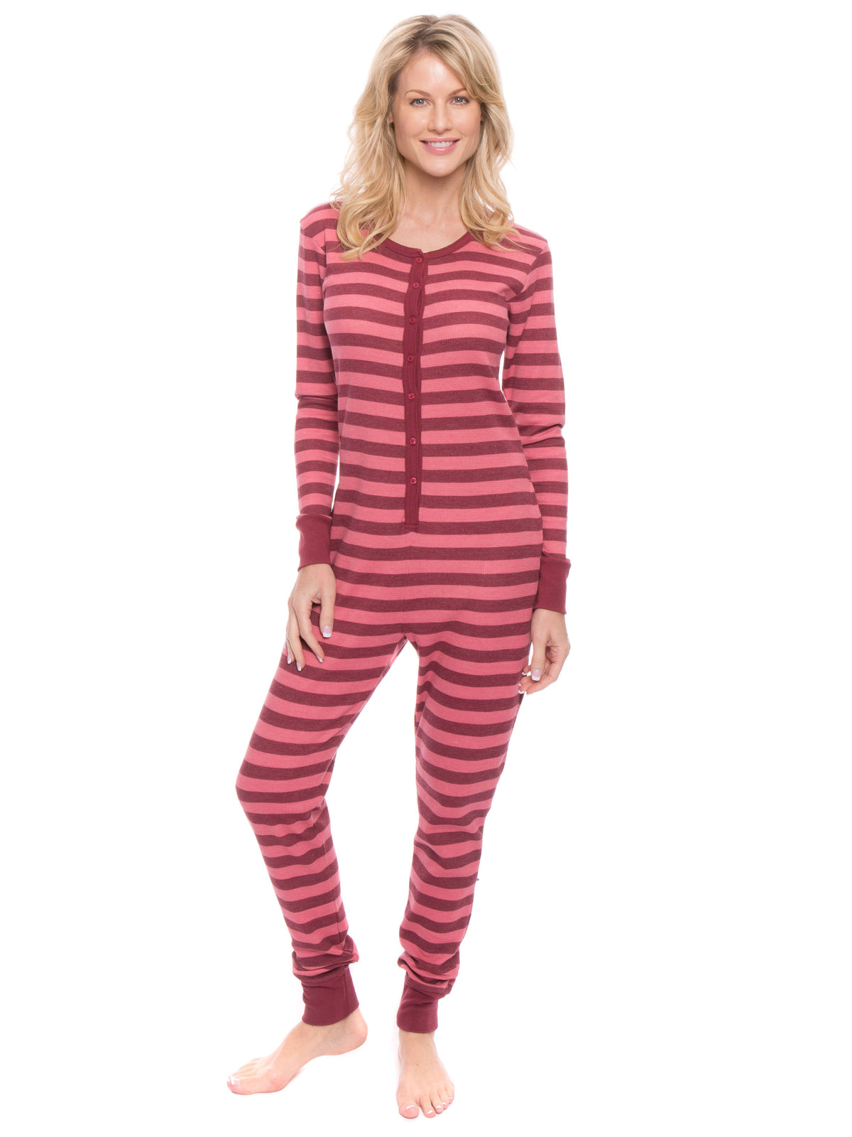 Women's Waffle Knit Thermal Onesie Pajama - Stripes Pink