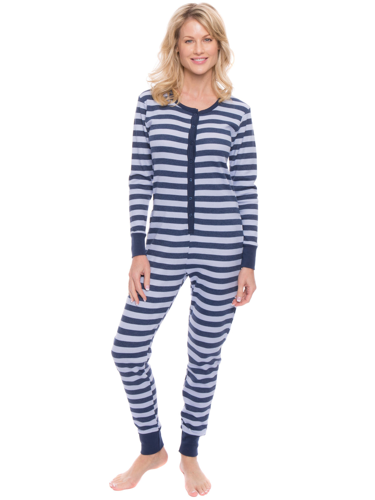Women's Waffle Knit Thermal Onesie Pajama - Stripes Blue