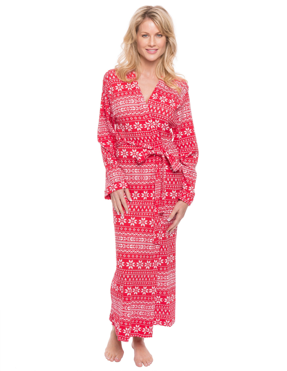Women's Waffle Knit Thermal Robe - Fair Isle Red/White