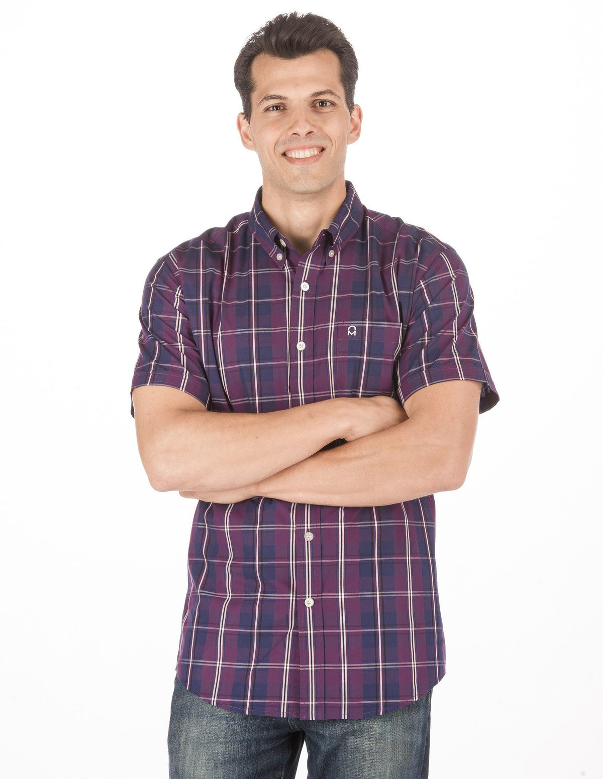 Men's 100% Cotton Casual Short Sleeve Shirt - Regular Fit - Plaid Plum/Blue