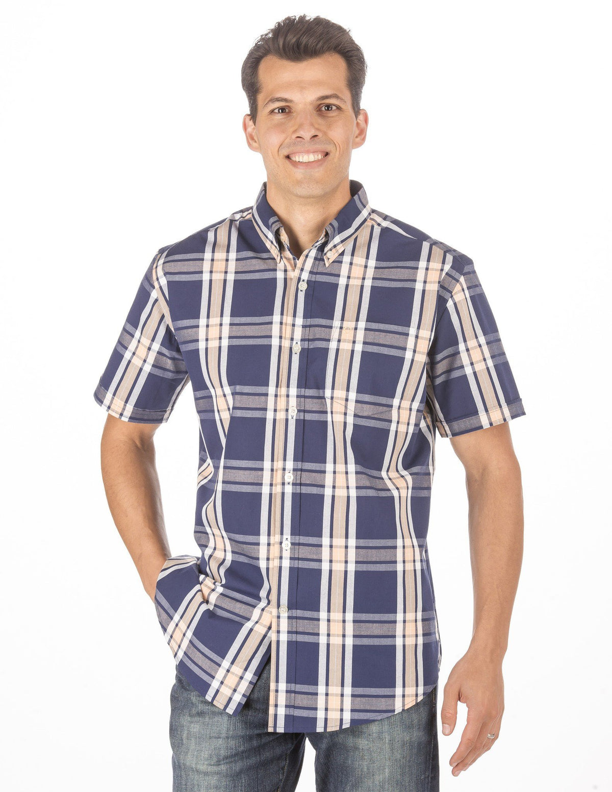 Men's 100% Cotton Casual Short Sleeve Shirt - Regular Fit - Plaid Blue/Peach