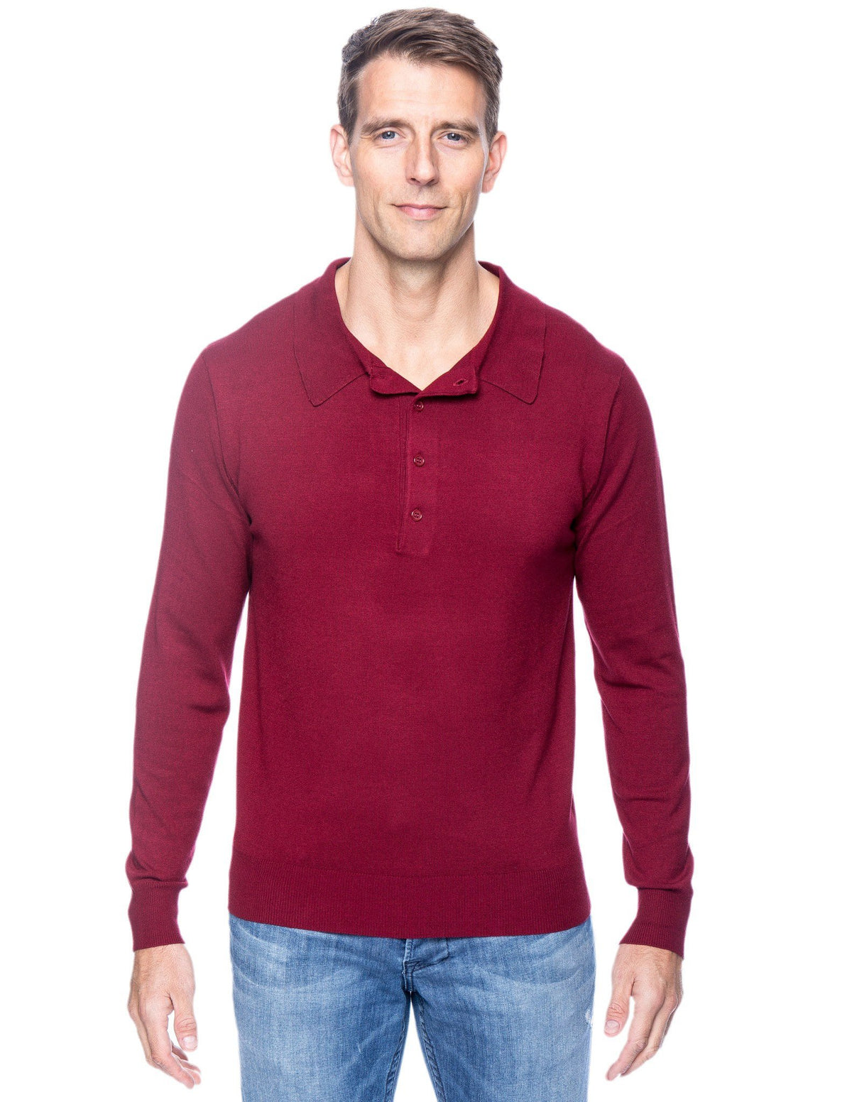 Men's Classic Knit Long Sleeve Polo Sweater - Bordeaux