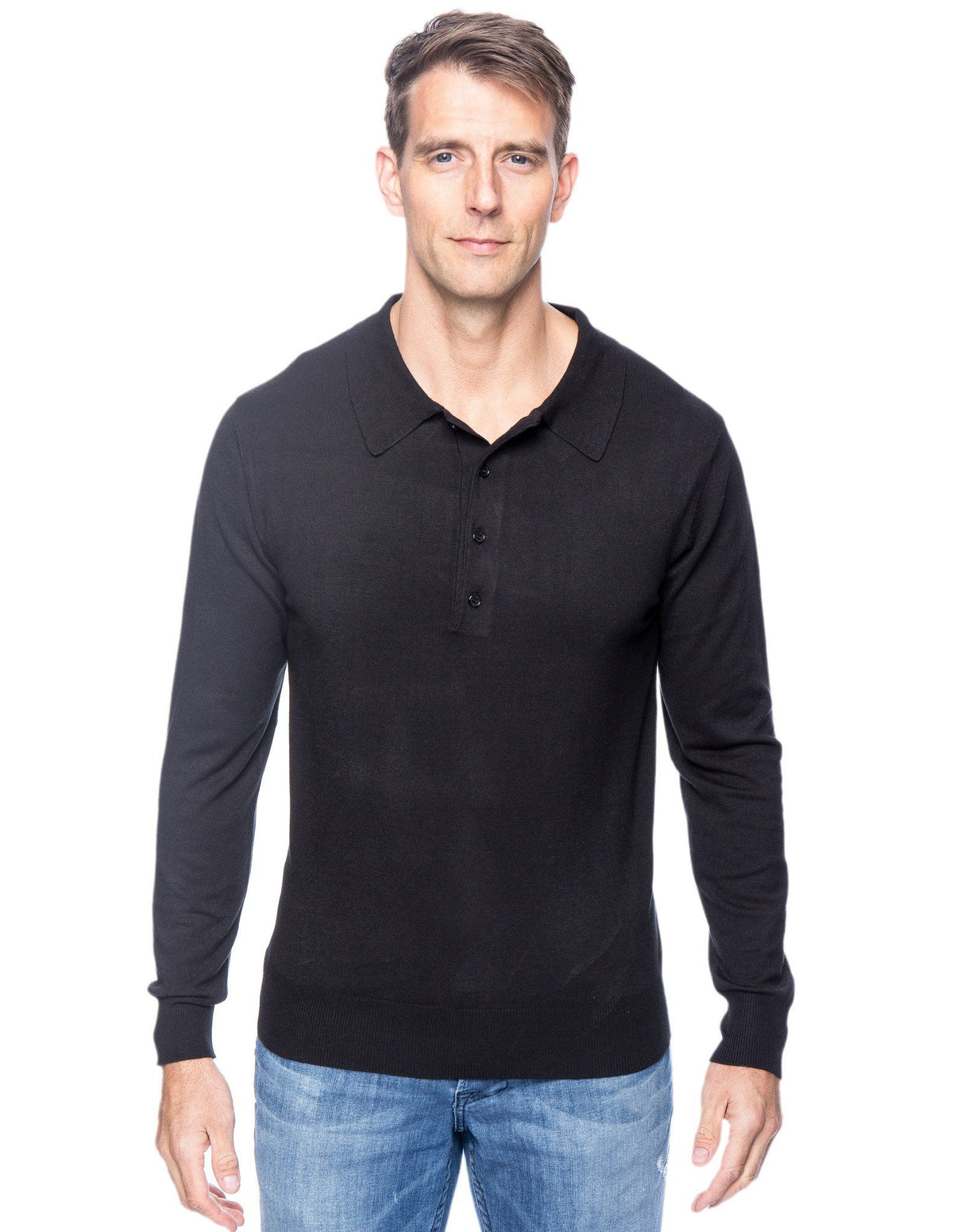 Men's Classic Knit Long Sleeve Polo Sweater - Black