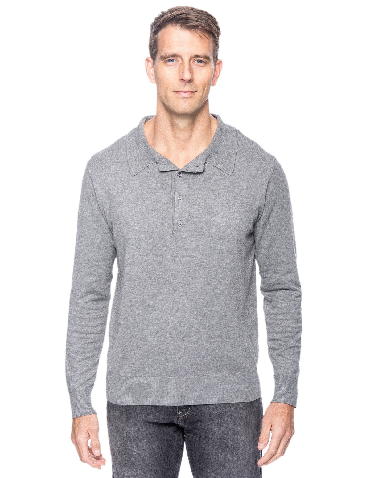 Men's Classic Knit Long Sleeve Polo Sweater - Heather Grey