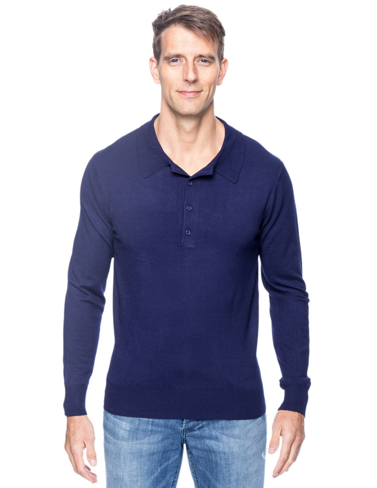 Men's Classic Knit Long Sleeve Polo Sweater - Navy