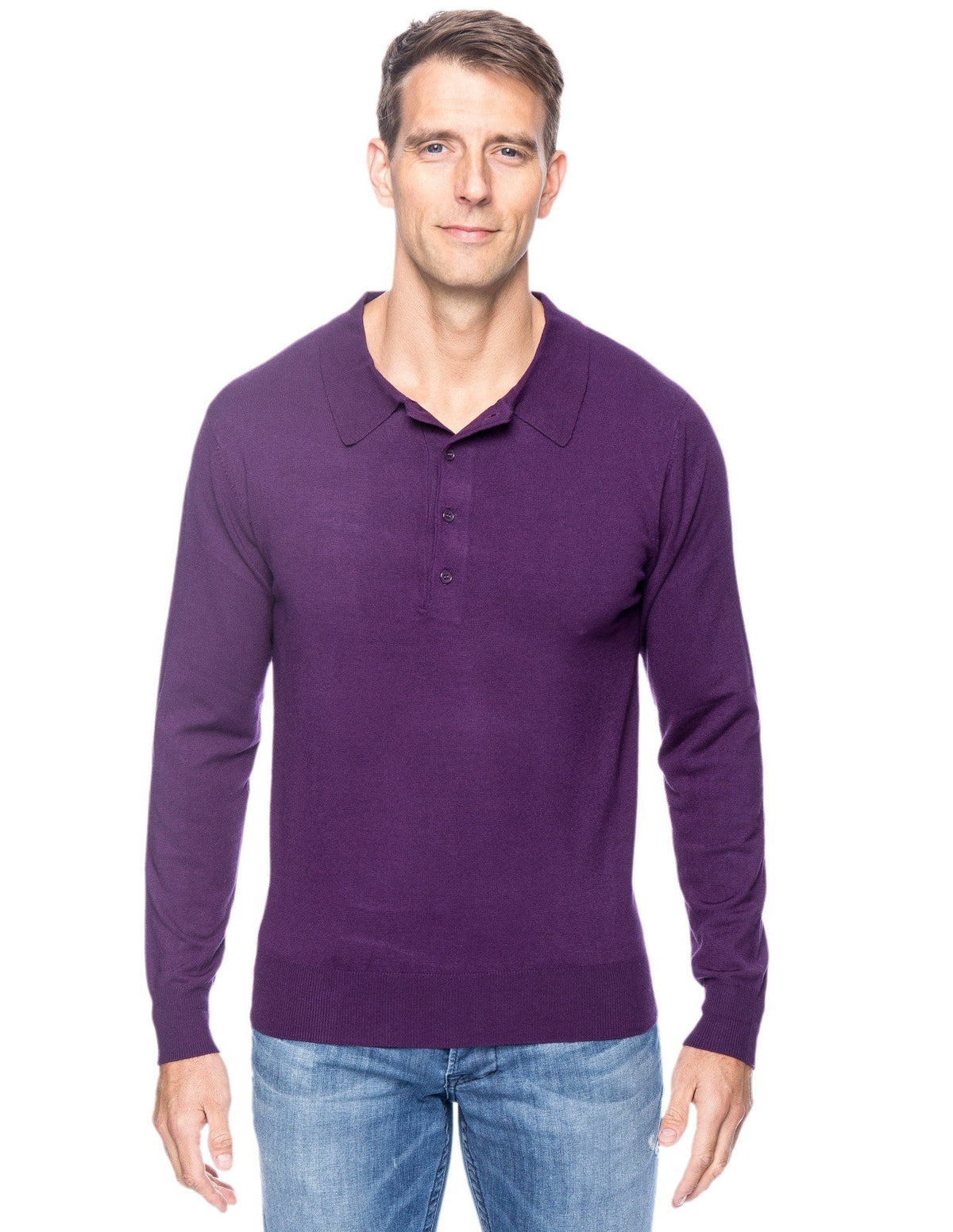 Men's Classic Knit Long Sleeve Polo Sweater - Purple