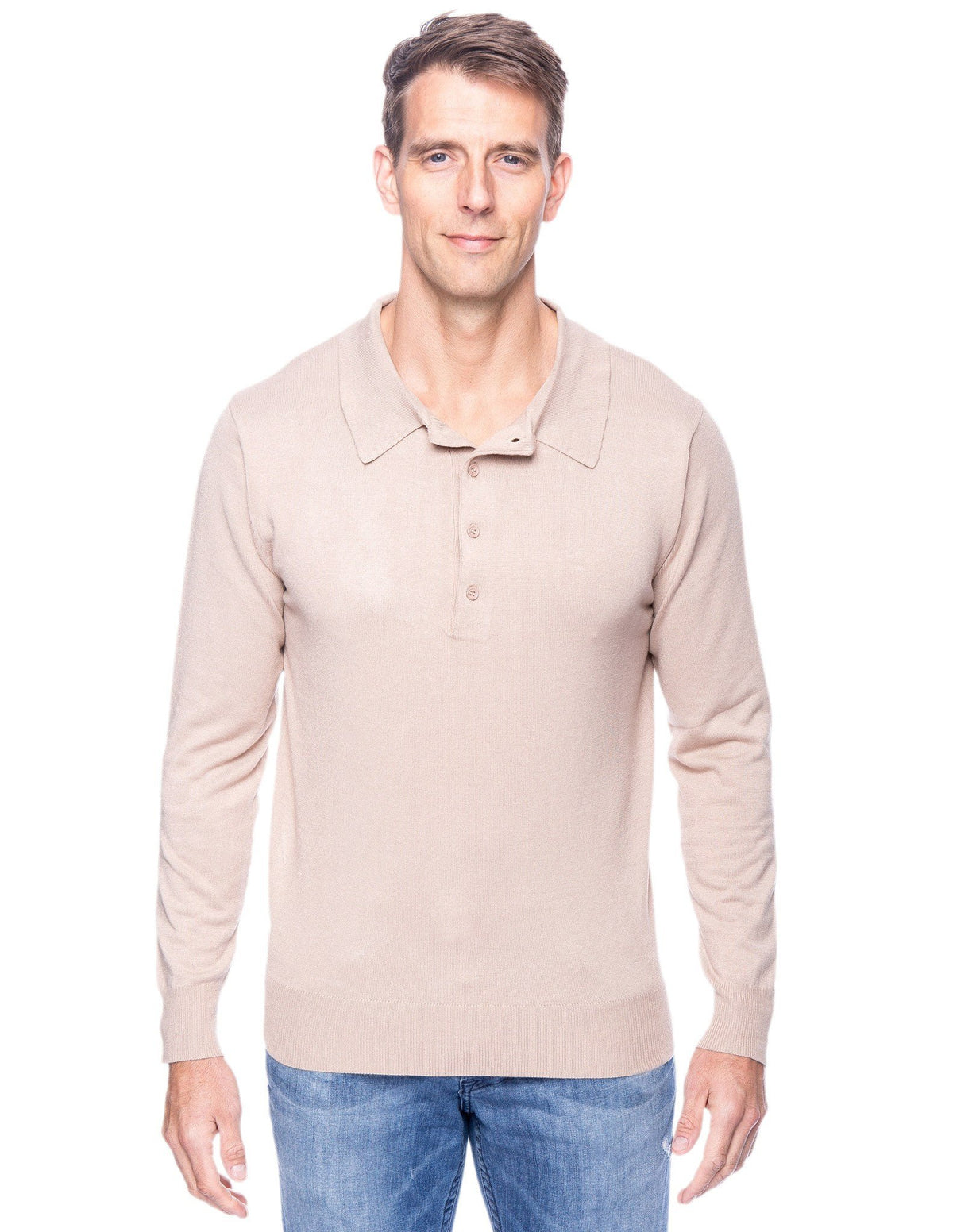 Men's Classic Knit Long Sleeve Polo Sweater - Stone
