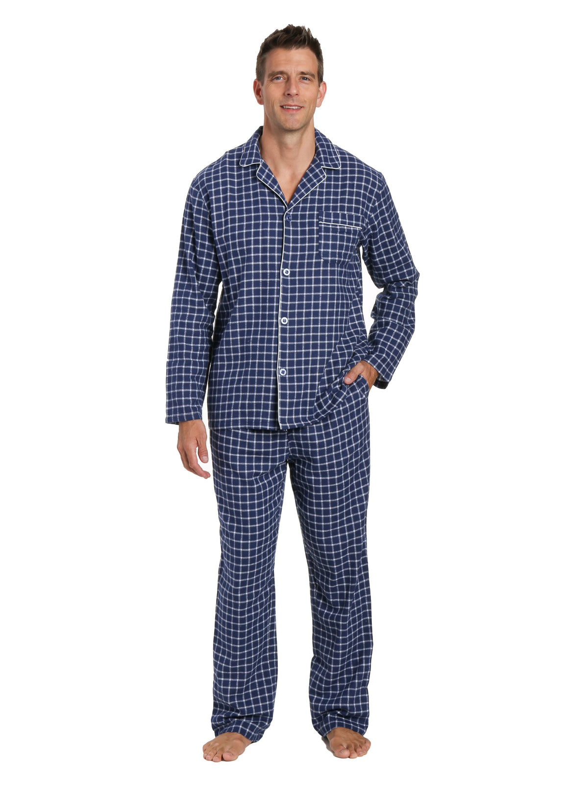 Men's 100% Cotton Flannel Pajama Set - Checks Navy-Blue
