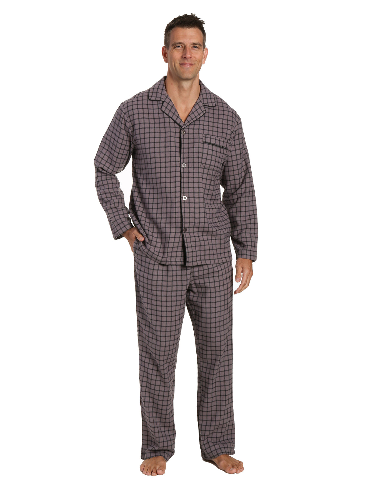 Men's 100% Cotton Flannel Pajama Set - Checks Charcoal-Black