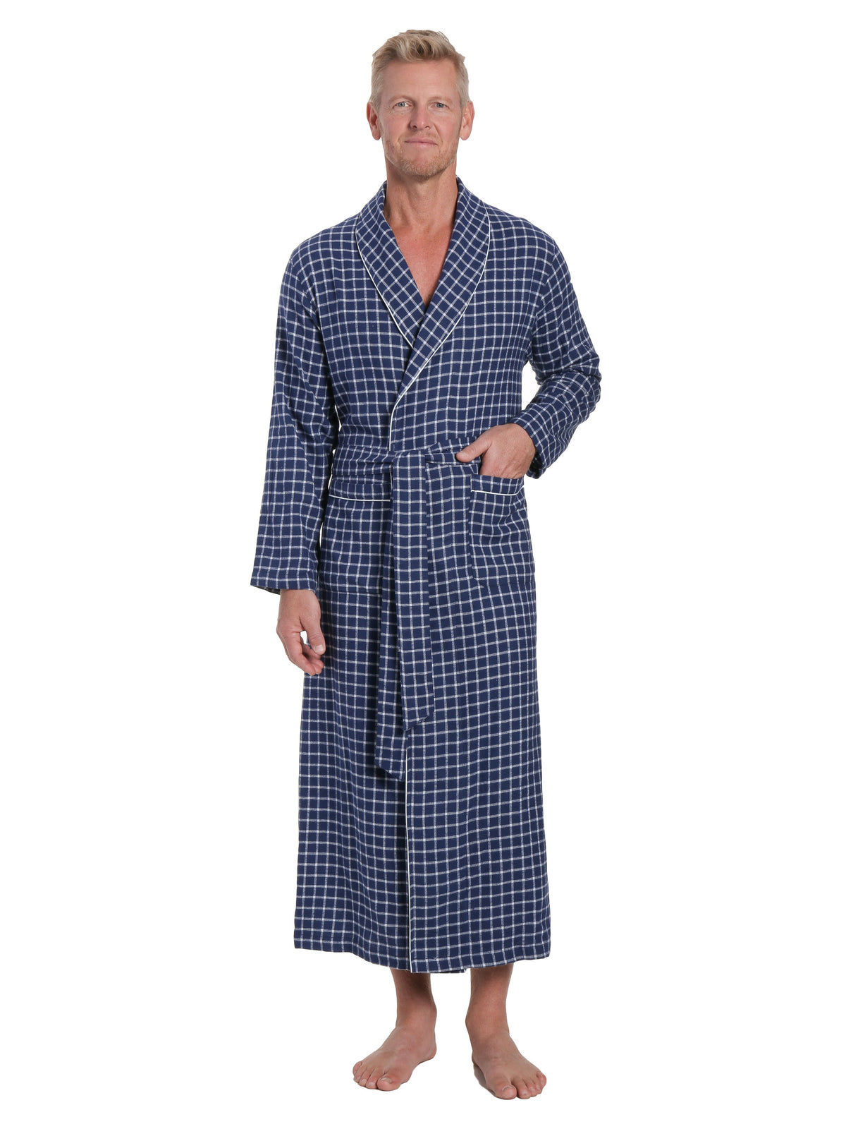 Men's 100% Cotton Flannel Long Robe - Checks Navy-Blue