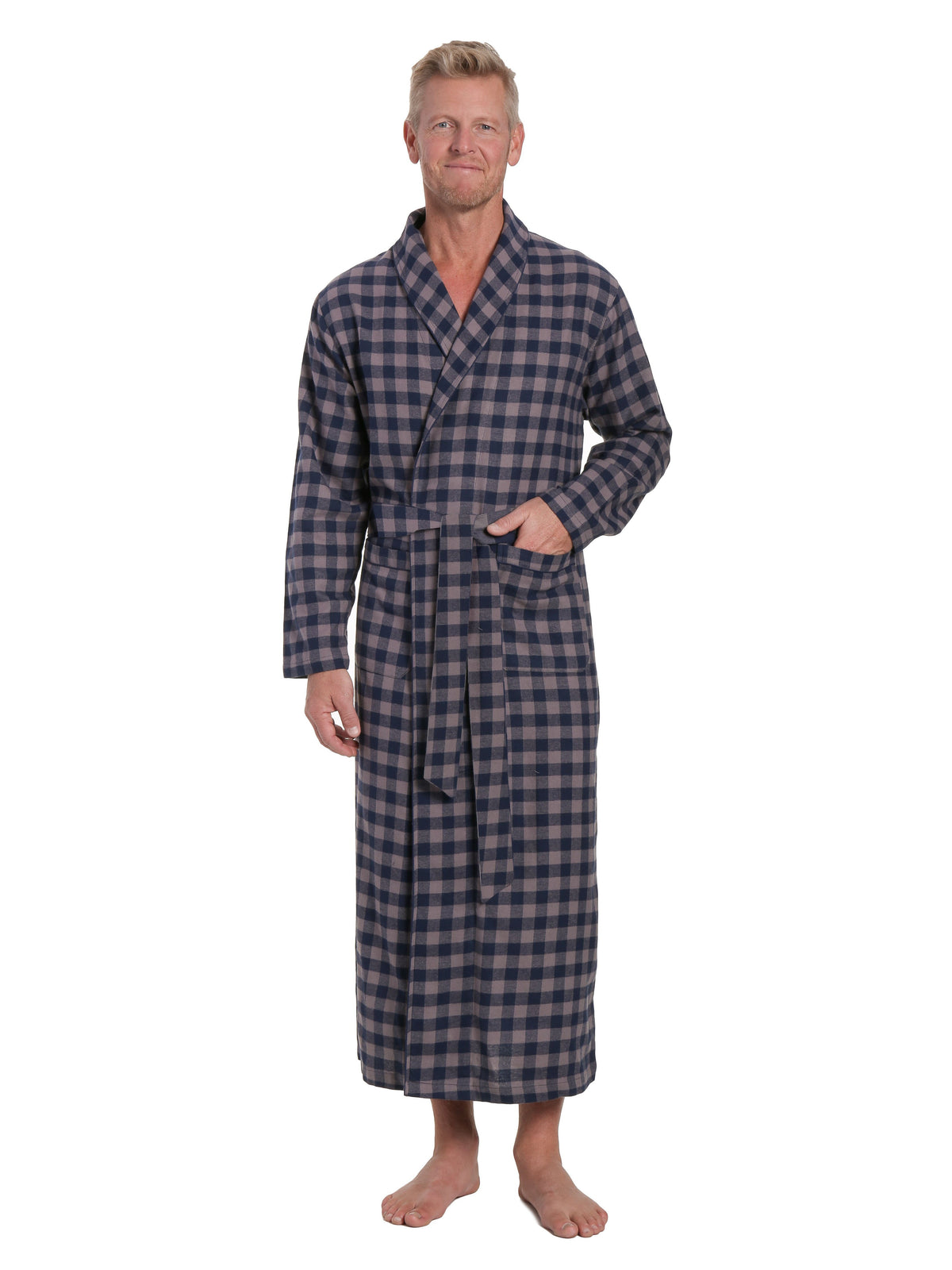 Men's 100% Cotton Flannel Long Robe - Gingham Charcoal-Navy