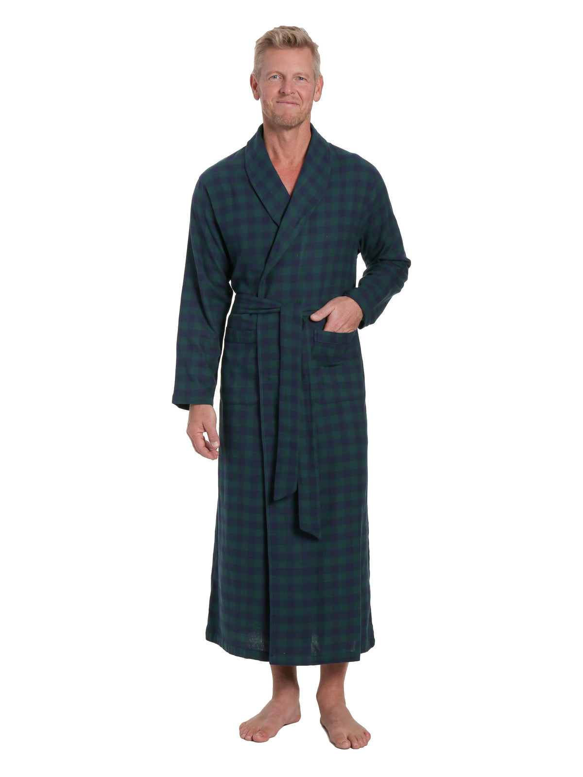Men's 100% Cotton Flannel Long Robe - Gingham Navy-Green