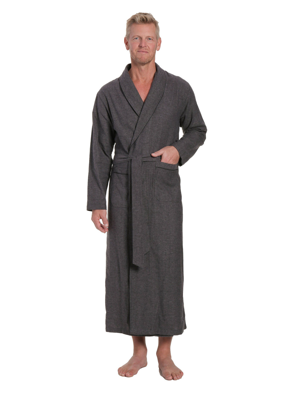 Men's 100% Cotton Flannel Long Robe - Herringbone Charcoal