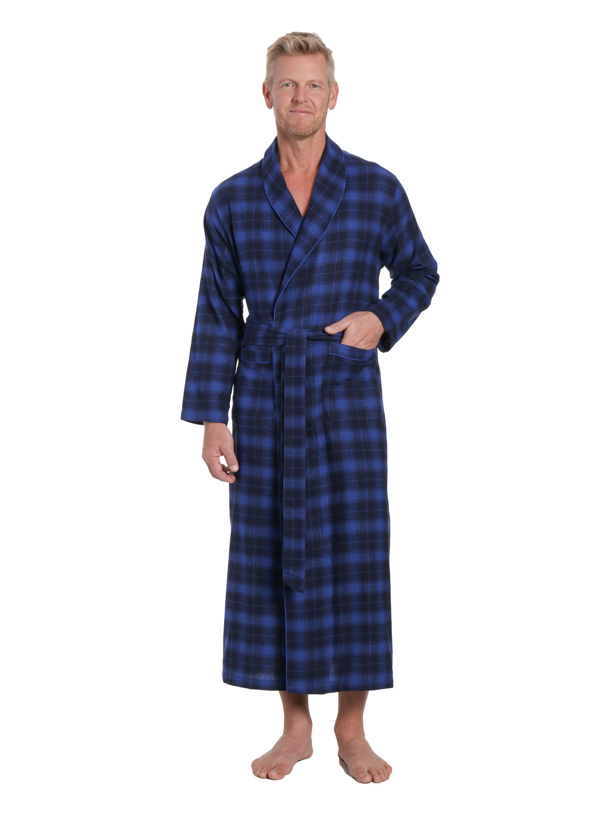 Men's 100% Cotton Flannel Long Robe - Plaid Blue-Navy