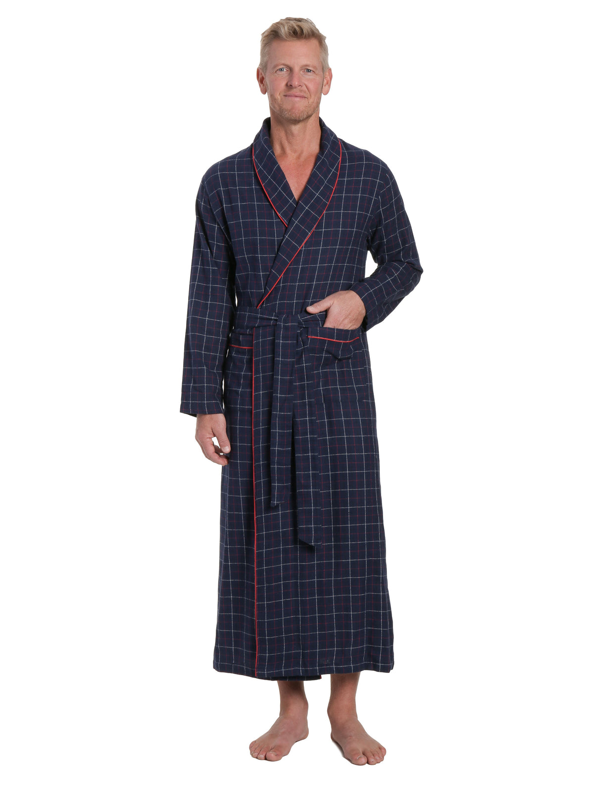 Men's 100% Cotton Flannel Long Robe - Plaid Navy-Multi