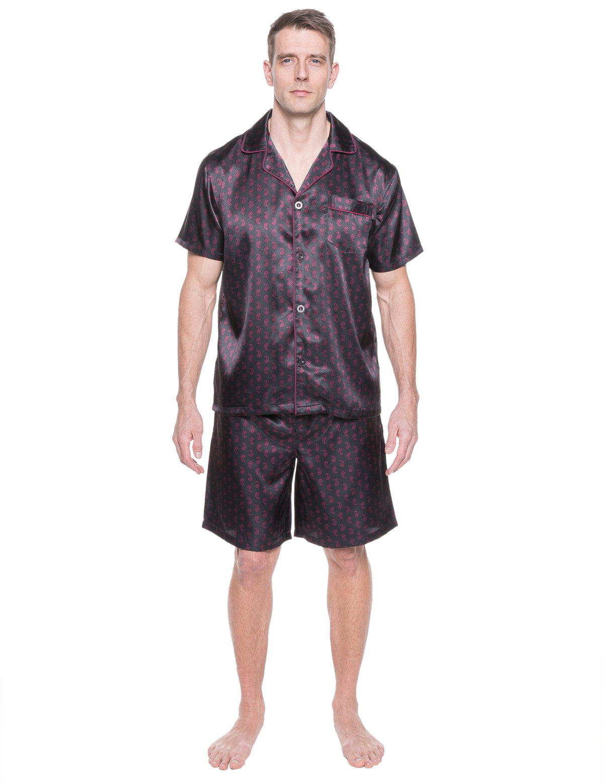 Mens Satin Short Sleepwear/Pajama Set - Paisley Black/Fig