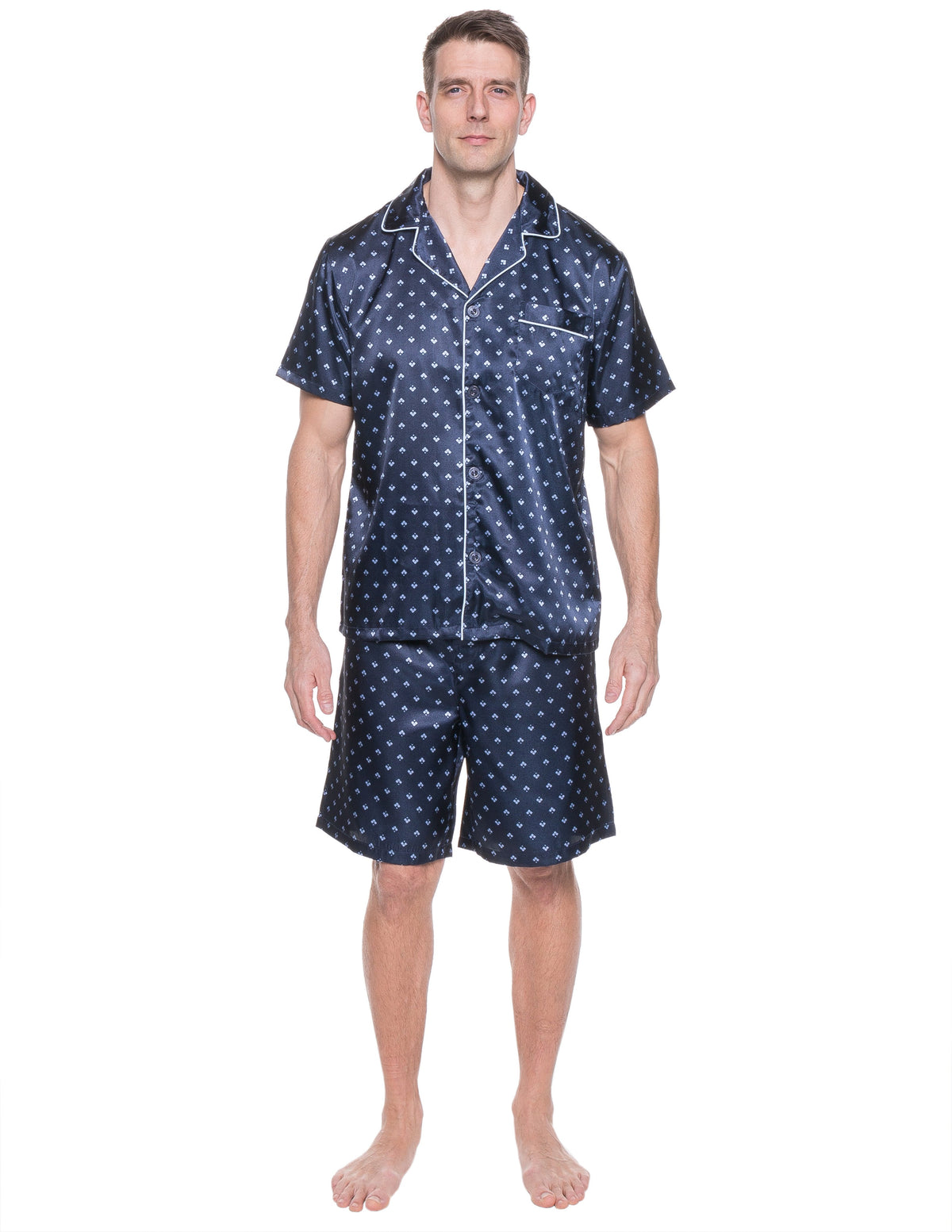 Mens Satin Short Sleepwear/Pajama Set - Diamond Squares Dark Blue