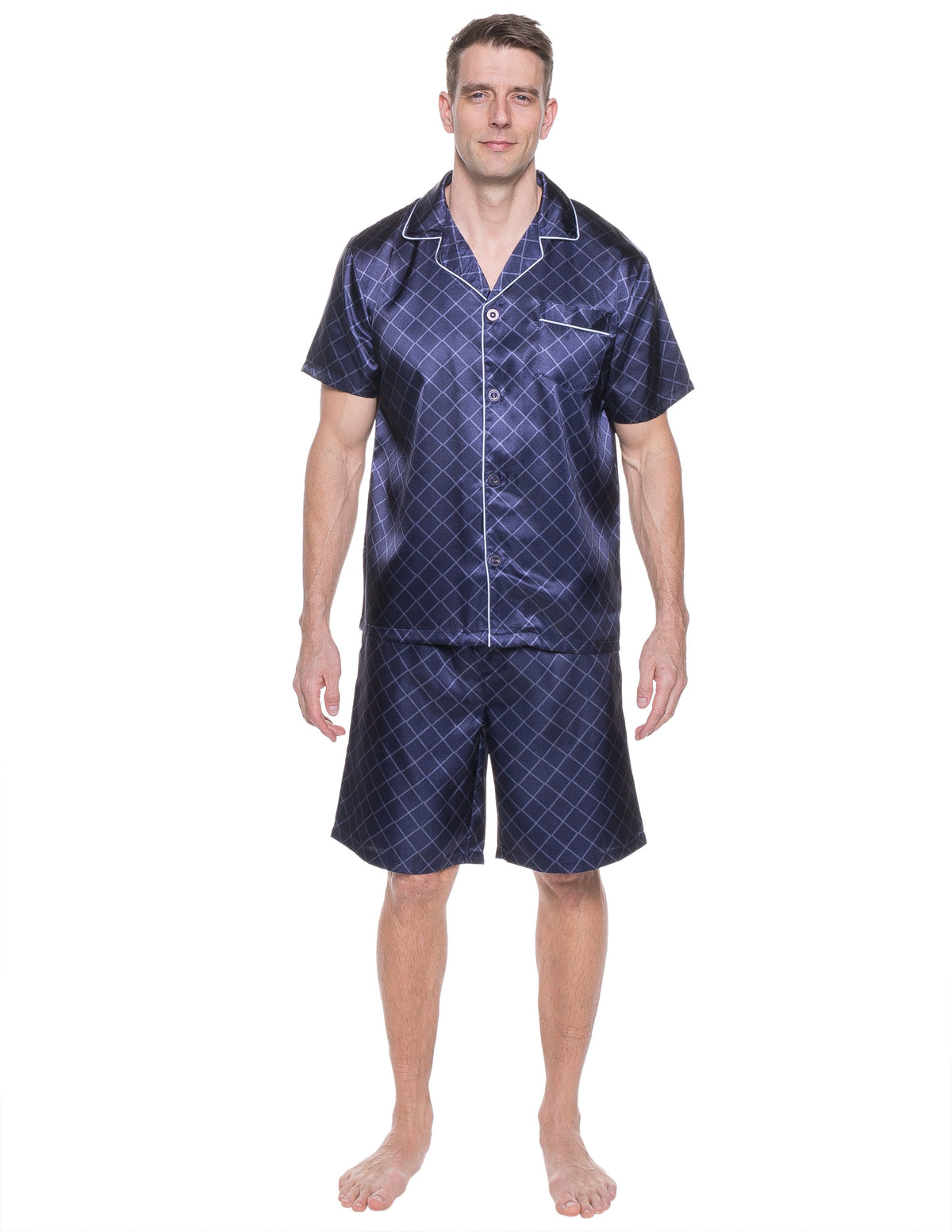 Mens Satin Short Sleepwear/Pajama Set - Diamond Windowpane Navy