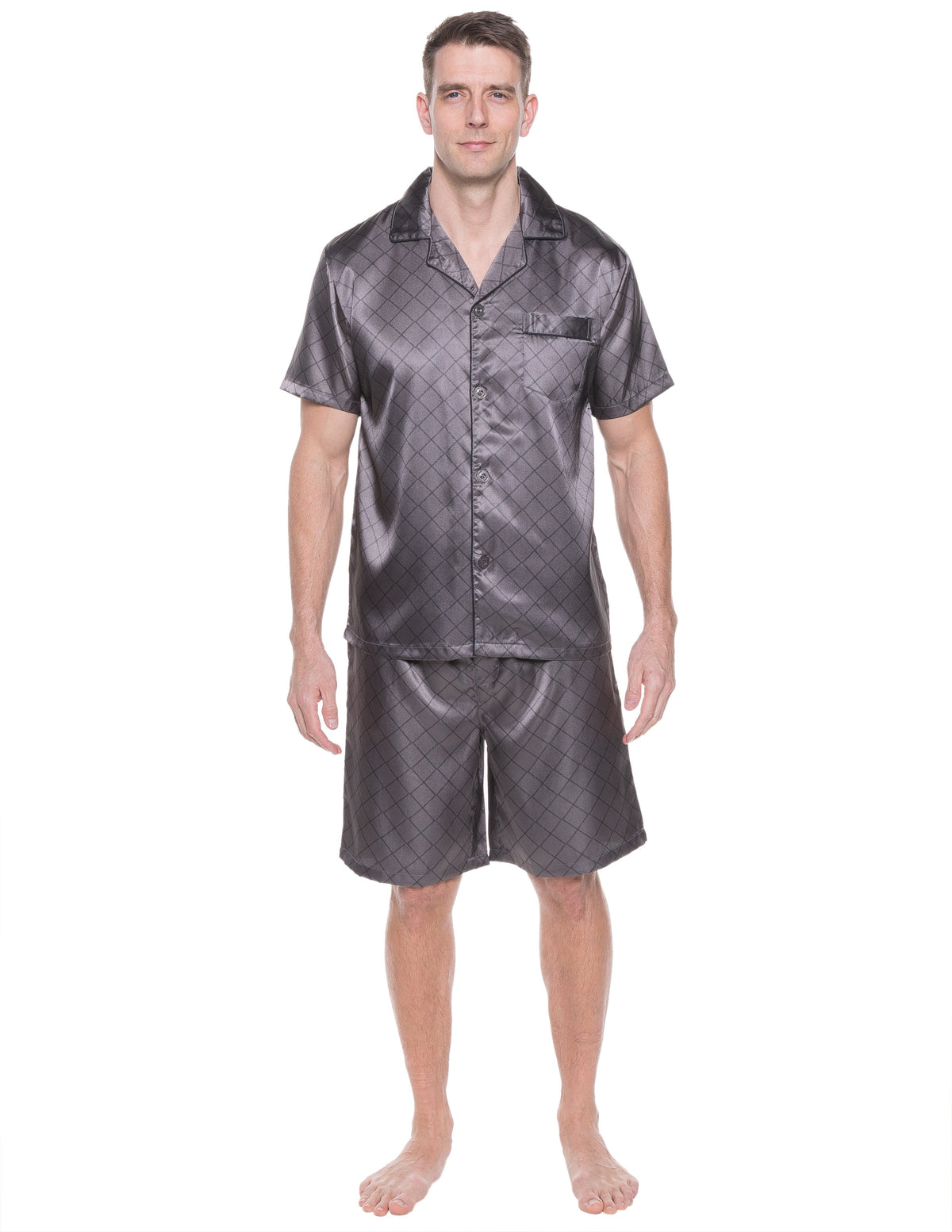 Mens Satin Short Sleepwear/Pajama Set - Diamond Windowpane Charcoal