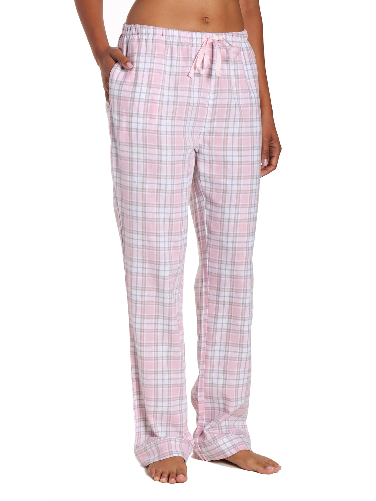 Womens 100% Cotton Lightweight Flannel Lounge Pants - Plaid White-Pink