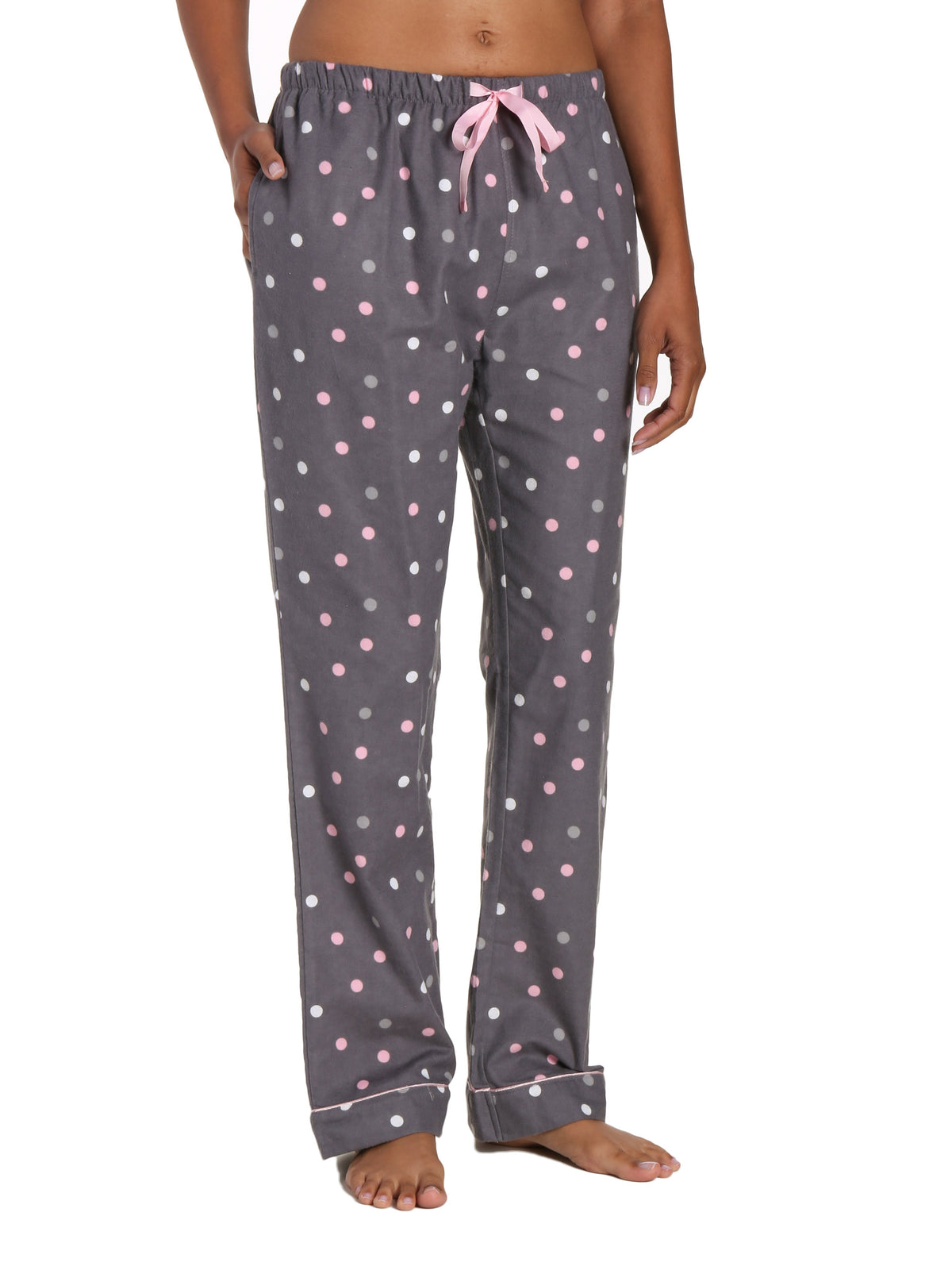 Womens 100% Cotton Flannel Lounge Pants - Polka Medley Gray-Pink