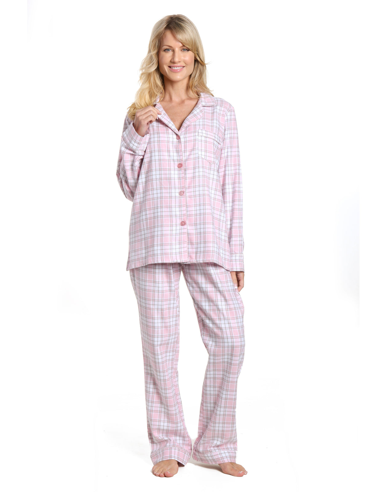 Womens 100% Cotton Lightweight Flannel Pajama Sleepwear Set - Plaid White-Pink