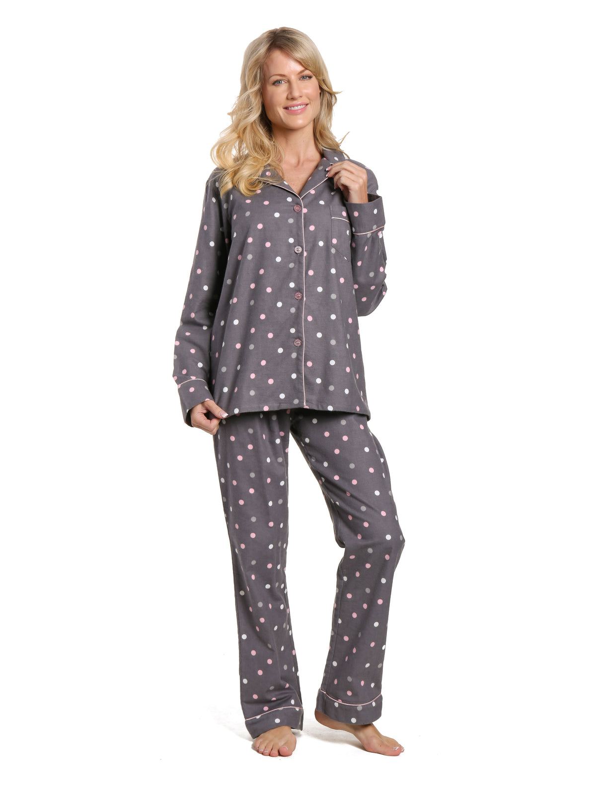 Women's 100% Cotton Flannel Pajama Sleepwear Set - Polka Medley Gray-Pink